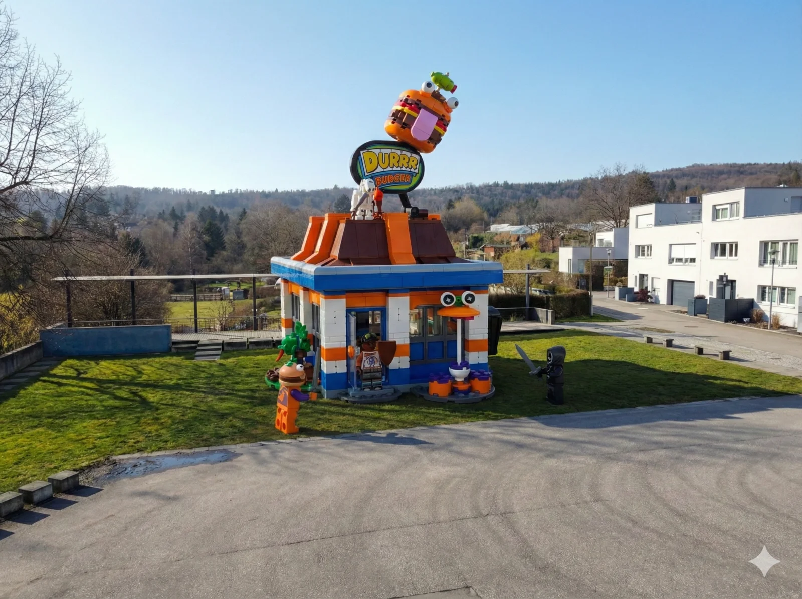LEGO Durrr Burger Restaurant in der echten Nachbarschaft, Drohnenperspektive